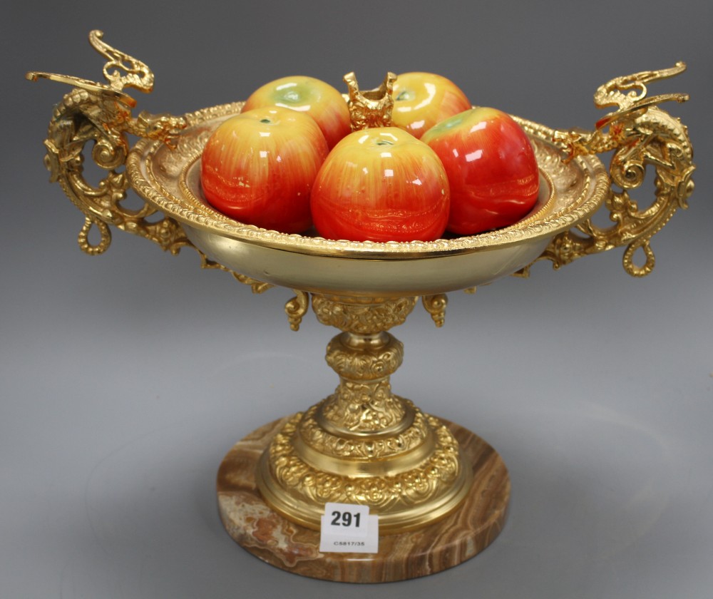 An Italian ornate gilt metal centrepiece, with five ceramic apple ornaments, width 46cm height 34cm